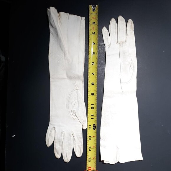 White Kid Leather Gauntlet Gloves Sz 6.5 Vintage 1950 13.5" - Picture 5 of 5